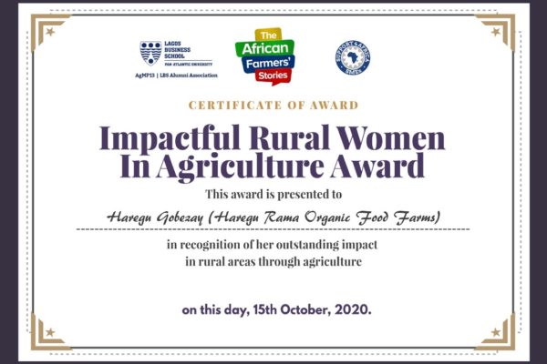 Certificate of Award for Haregu Credit The African Farmers Stories